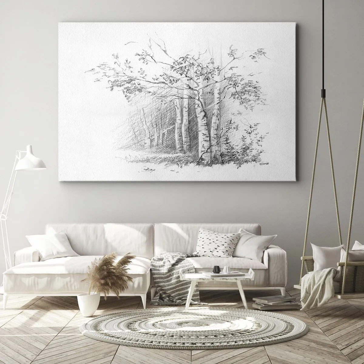 Impression sur toile - Image sur toile - Un dessin d'une forêt de bouleaux dans un croquis au crayon subtil - 70x50cm - Lumière d'une forêt de bouleaux - Décoration murale moderne pour le salon et la chambre ARTTOR