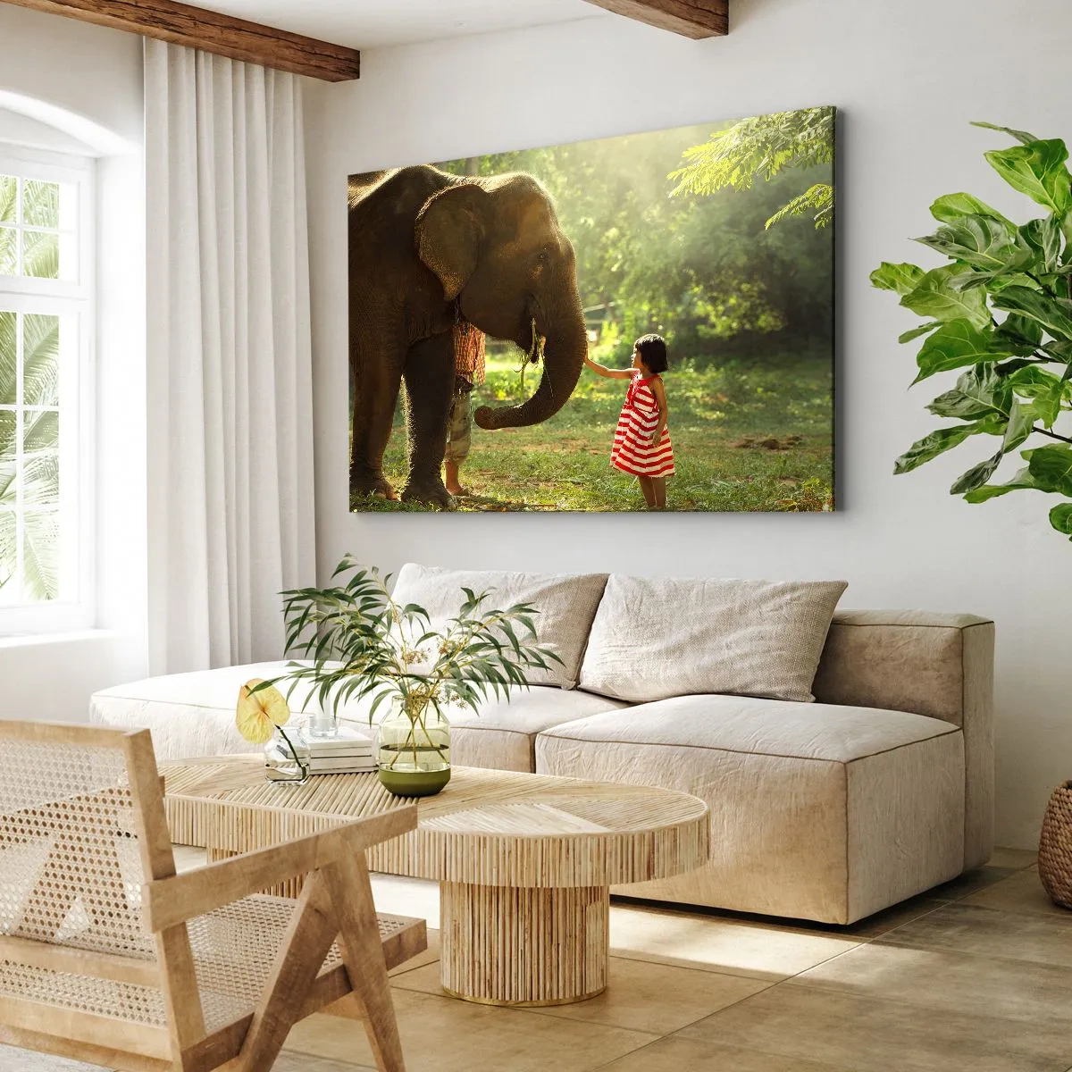 Impression sur toile - Image sur toile - Une fille en robe rouge touchant un éléphant dans la forêt. - 100x70cm - La force de l'amitié - Décoration murale moderne pour le salon et la chambre ARTTOR