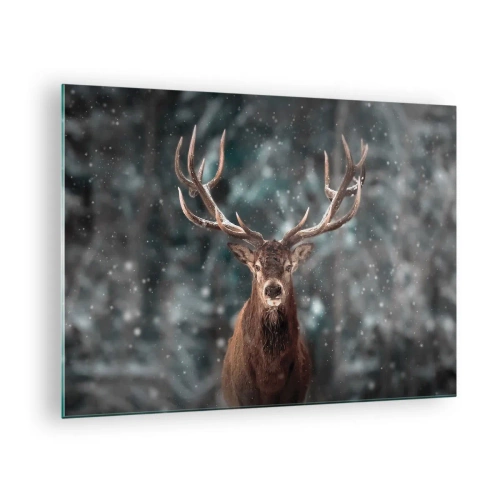 Impression sur verre - Image sur verre - Un cerf fier dans une forêt d'hiver au milieu de la neige qui tombe - 70x50cm - Roi de la forêt couronné - Décoration murale moderne pour le salon et la chambre ARTTOR