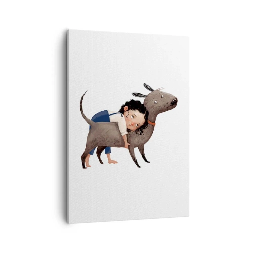 Impression sur toile - Image sur toile - Illustration de style dessin animé d'un enfant serrant un chien dans ses bras - 50x70cm - Les meilleurs amis - Décoration murale moderne pour le salon et la chambre ARTTOR