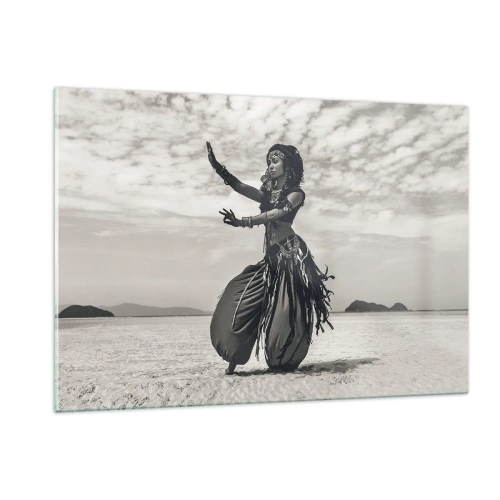 Impression sur verre - Image sur verre - Photographie en noir et blanc d'une danseuse dans le désert - 120x80cm - Danse des îles du sud - Décoration murale moderne pour le salon et la chambre ARTTOR