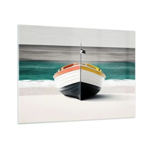 Impression sur verre - Image sur verre - Un bateau coloré sur la plage avec une mer turquoise en arrière-plan - 70x50cm - A sa place - Décoration murale moderne pour le salon et la chambre ARTTOR