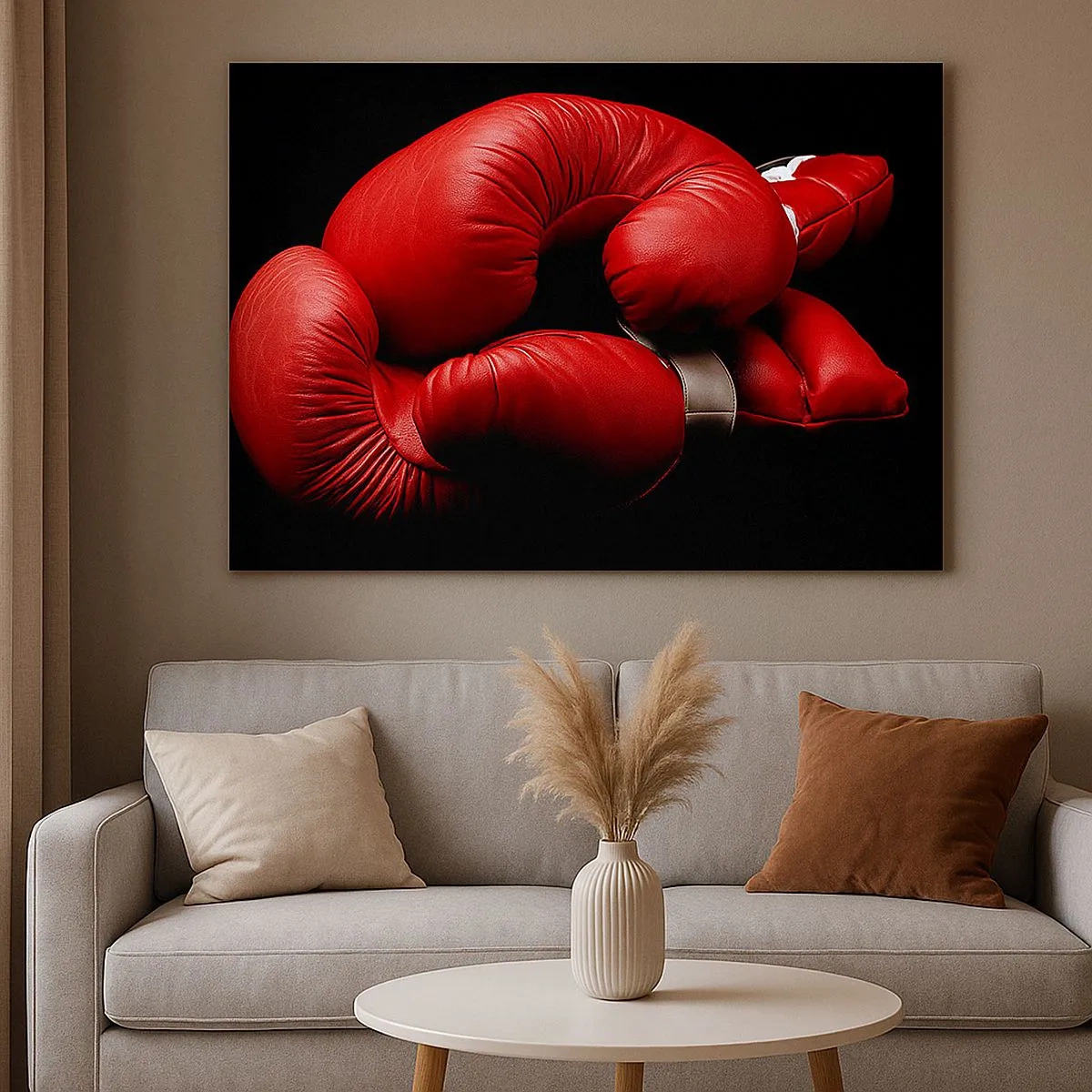 Impression sur toile - Image sur toile - Gants de boxe rouges sur fond noir - 70x50cm - Les émotions du combat sont derrière nous - Décoration murale moderne pour le salon et la chambre ARTTOR