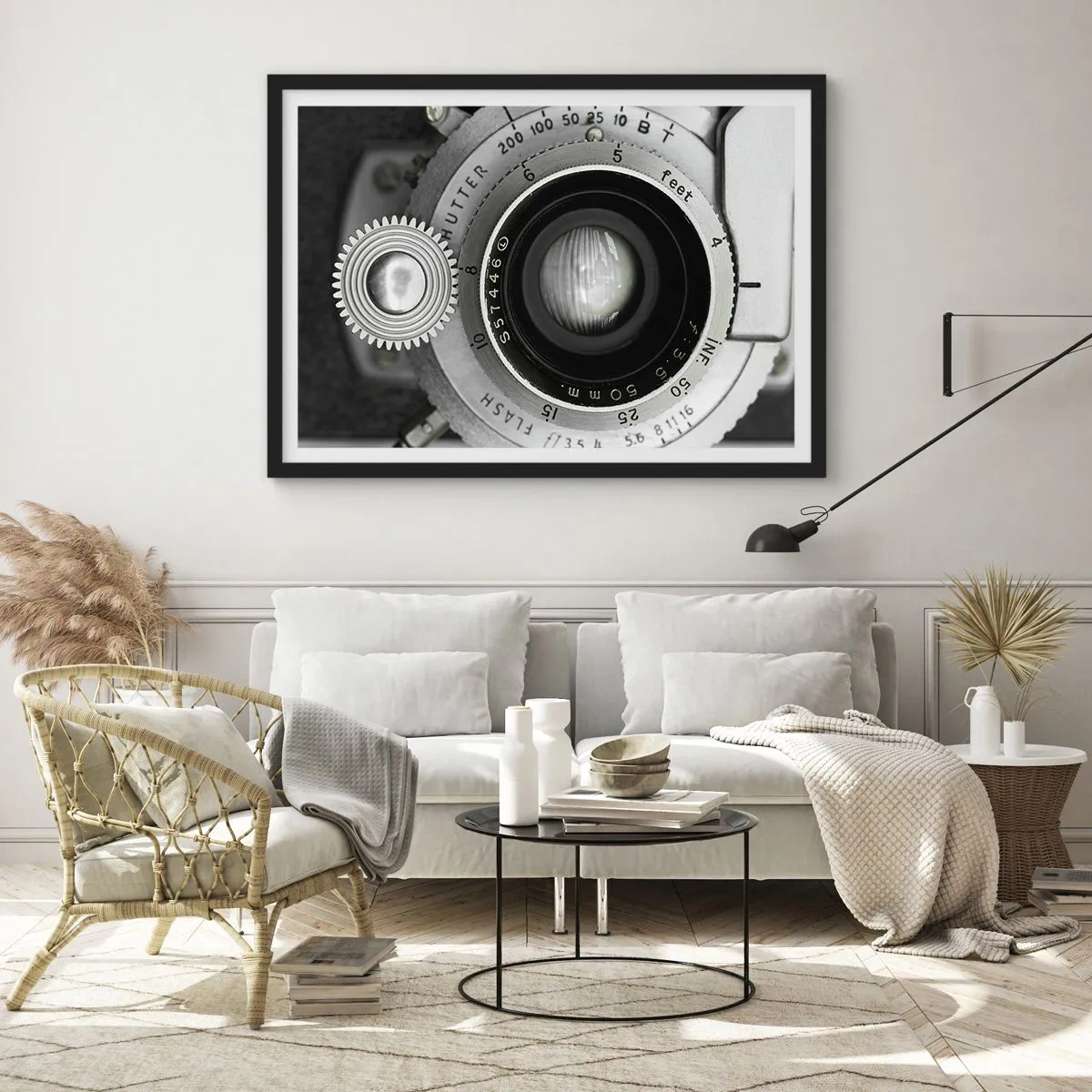 Affiche dans un cadre noir - Poster - L'objectif d'un vieil appareil photo - 100x70cm - Histoire d'Hollywood - Décoration murale moderne pour le salon et la chambre ARTTOR