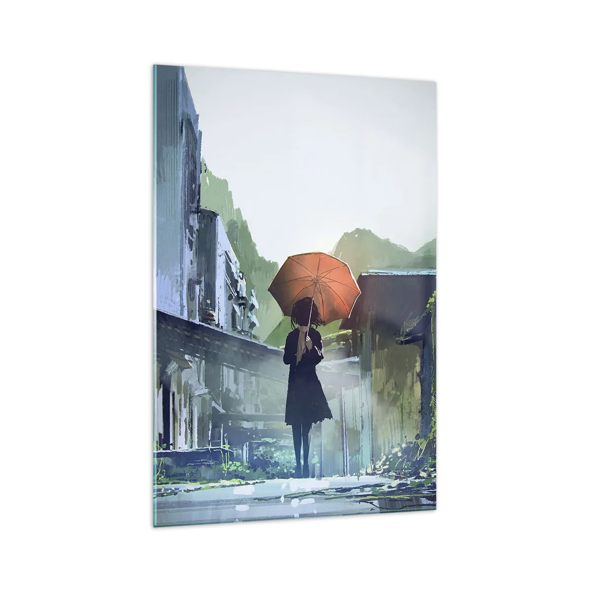 Impression sur verre - Image sur verre - Une silhouette avec un parapluie dans une ville pluvieuse - 70x100cm - Pluie vivifiante - Décoration murale moderne pour le salon et la chambre ARTTOR