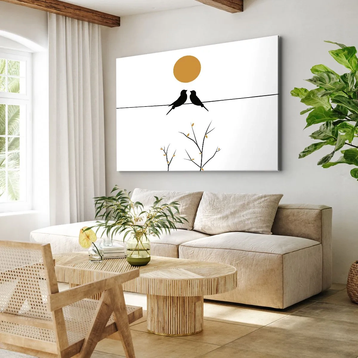 Impression sur toile - Image sur toile - Oiseaux sur une ligne avec un soleil jaune - 70x50cm - Soirée pour rossignols - Décoration murale moderne pour le salon et la chambre ARTTOR