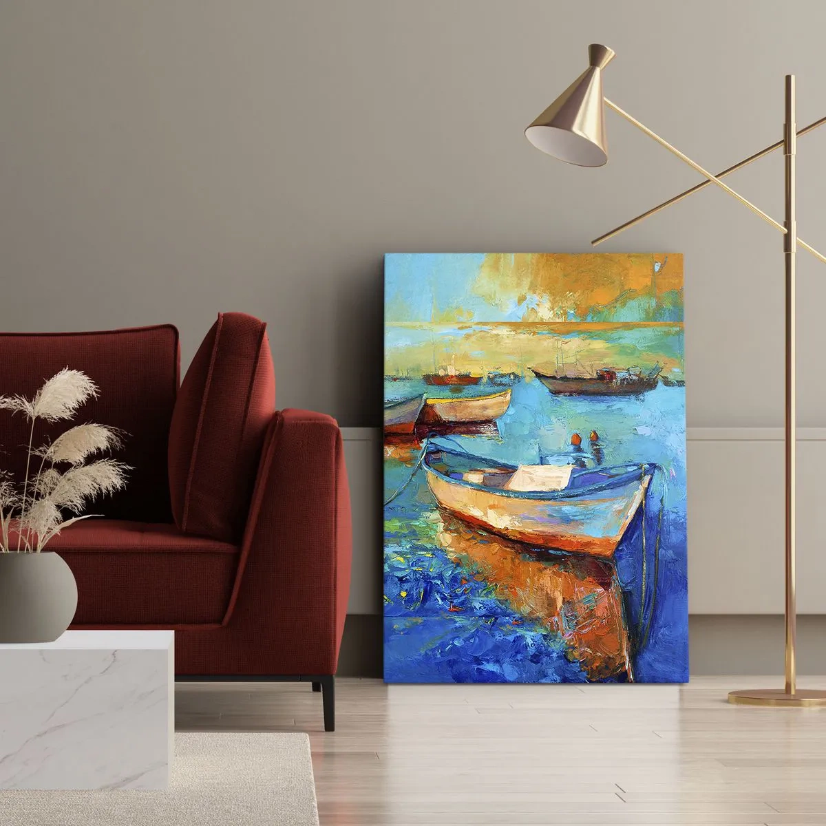 Impression sur toile - Image sur toile - Bateaux colorés amarrés sur une eau calme - 50x70cm - Dans la baie du sud - Décoration murale moderne pour le salon et la chambre ARTTOR