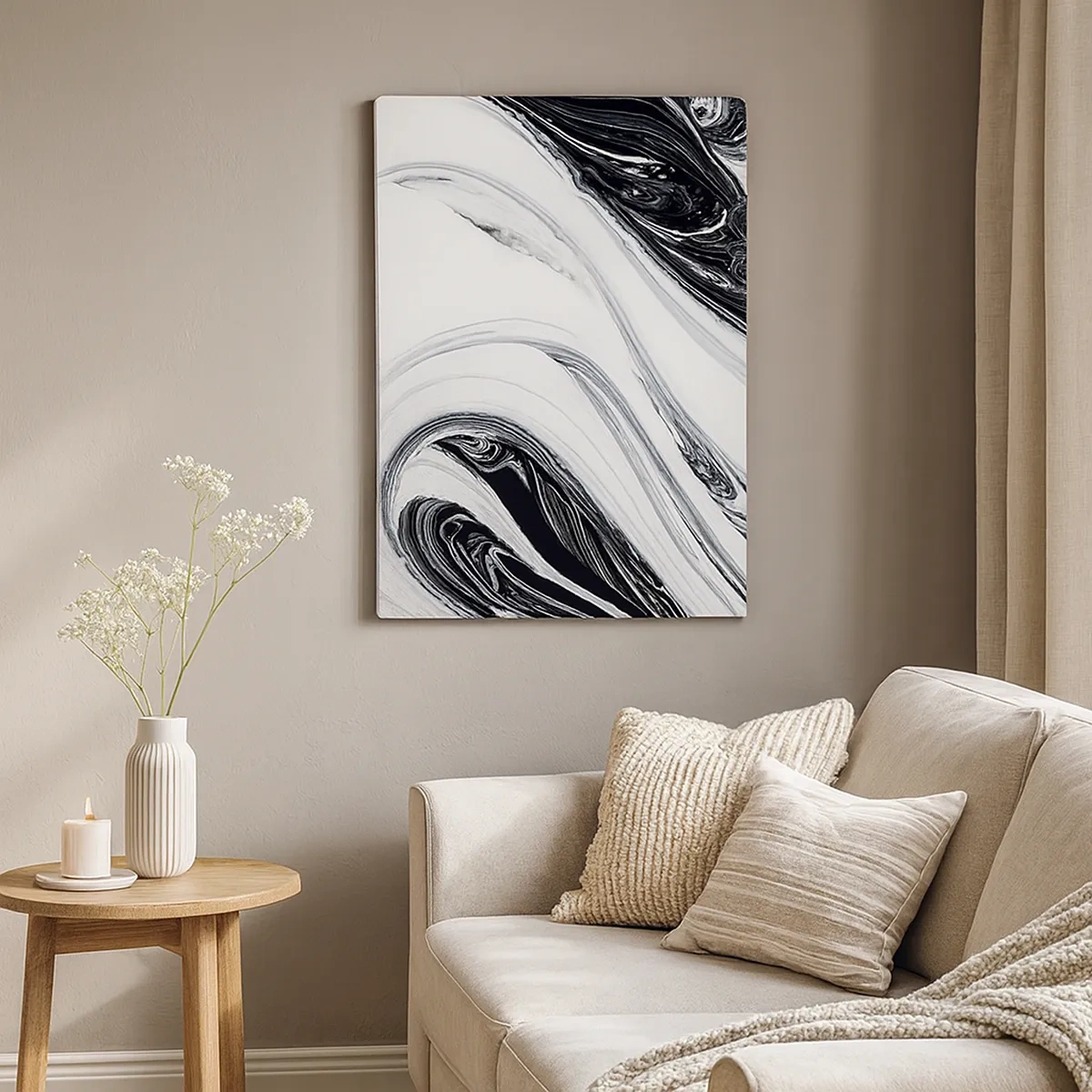 Impression sur toile - Image sur toile - Abstraction en noir et blanc avec des lignes et des tourbillons dynamiques - 50x70cm - Une combinaison d'opposés - Décoration murale moderne pour le salon et la chambre ARTTOR
