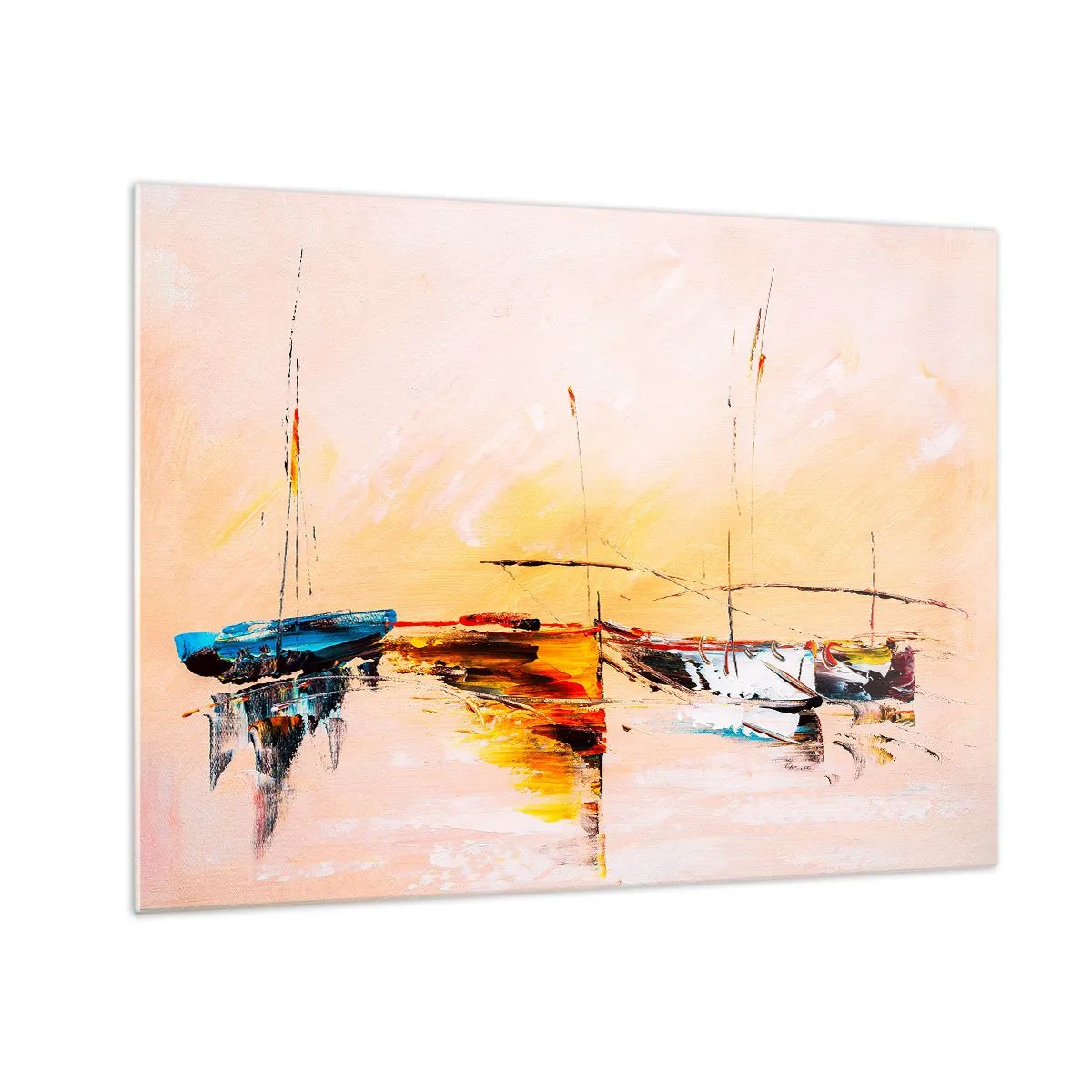 Impression sur verre - Image sur verre - Bateaux colorés amarrés sur fond de coucher de soleil impressionniste - 70x50cm - Soirée à la marina - Décoration murale moderne pour le salon et la chambre ARTTOR