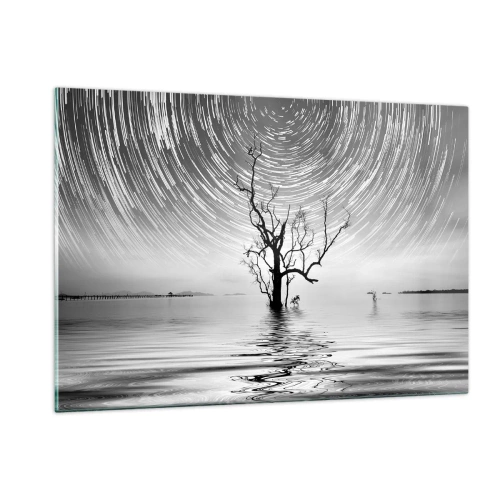 Impression sur verre - Image sur verre - Paysage noir et blanc avec un arbre et des traînées d'étoiles - 120x80cm - La symphonie de la nature - Décoration murale moderne pour le salon et la chambre ARTTOR