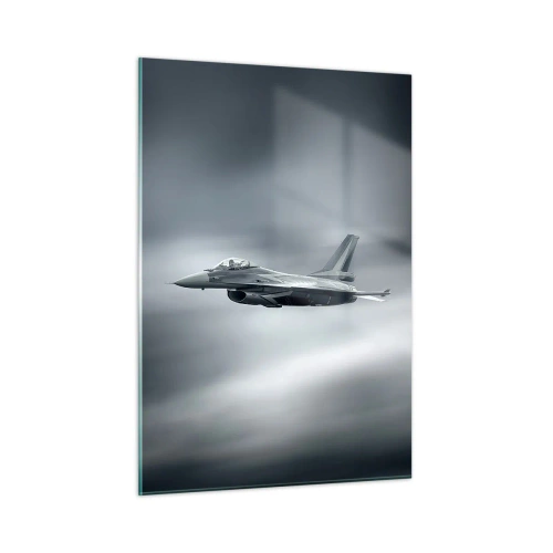 Impression sur verre - Image sur verre - Un avion de chasse en vol contre un ciel nuageux - 50x70cm - Acceptez-vous le défi? - Décoration murale moderne pour le salon et la chambre ARTTOR
