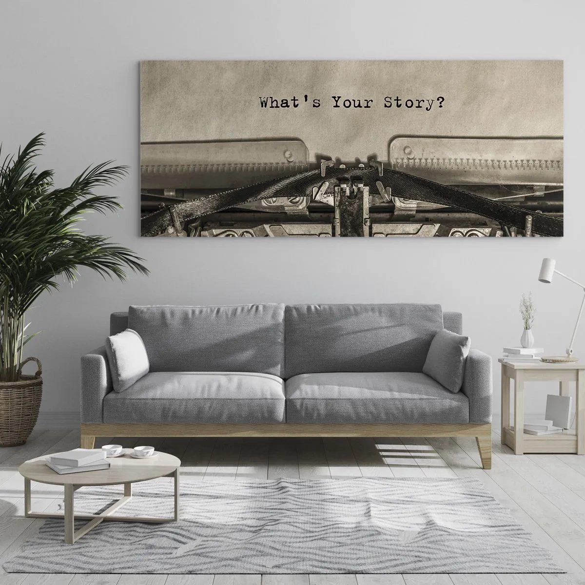 Impression sur verre - Image sur verre - Une machine à écrire avec les mots « Quelle est votre histoire ? » - 120x50cm - Réponds-moi - Décoration murale moderne pour le salon et la chambre ARTTOR