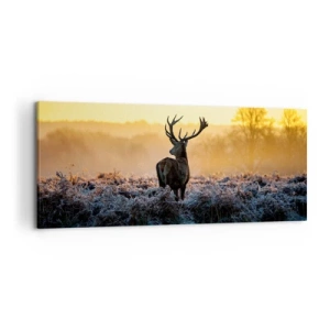 Impression sur toile - Image sur toile - Un cerf dans une clairière gelée au lever du soleil - 120x50cm - Couronné pour sa succession - Décoration murale moderne pour le salon et la chambre ARTTOR