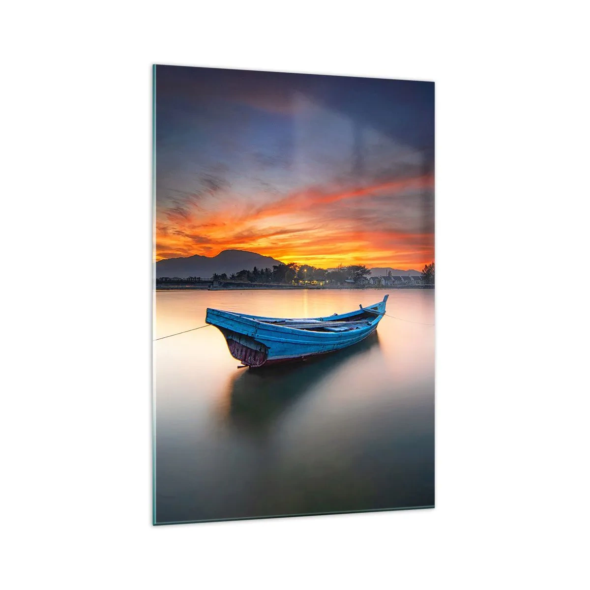 Impression sur verre - Image sur verre - Un bateau sur l'eau pendant un coucher de soleil pittoresque - 70x100cm - Une bonne nuit arrive - Décoration murale moderne pour le salon et la chambre ARTTOR