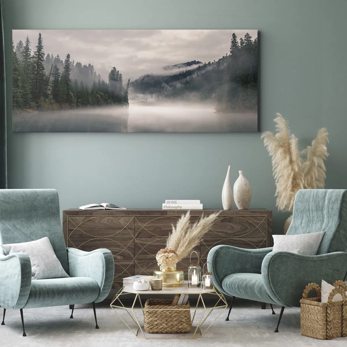 Impression sur toile - Image sur toile - Une forêt brumeuse se reflétant dans un lac calme - 160x50cm - Reflet dans le brouillard - Décoration murale moderne pour le salon et la chambre ARTTOR