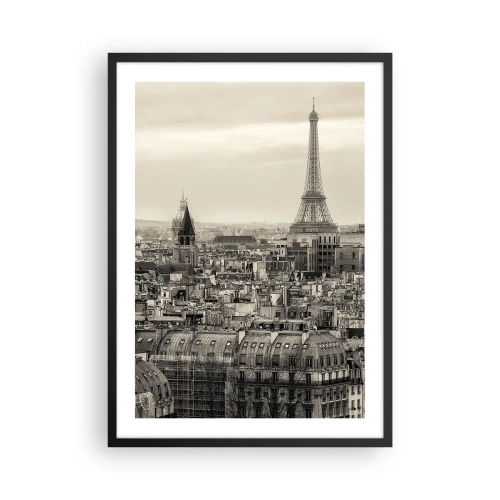 Affiche dans un cadre noir - Poster - Panorama de Paris avec la Tour Eiffel en tons sépia - 50x70cm - Sur les toits de Paris - Décoration murale moderne pour le salon et la chambre ARTTOR