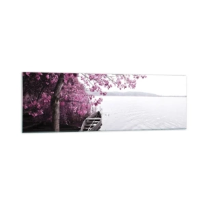 Impression sur verre - Image sur verre - Un bateau au bord d'un lac parmi des arbres roses - 160x50cm - Dans un silence rose - Décoration murale moderne pour le salon et la chambre ARTTOR