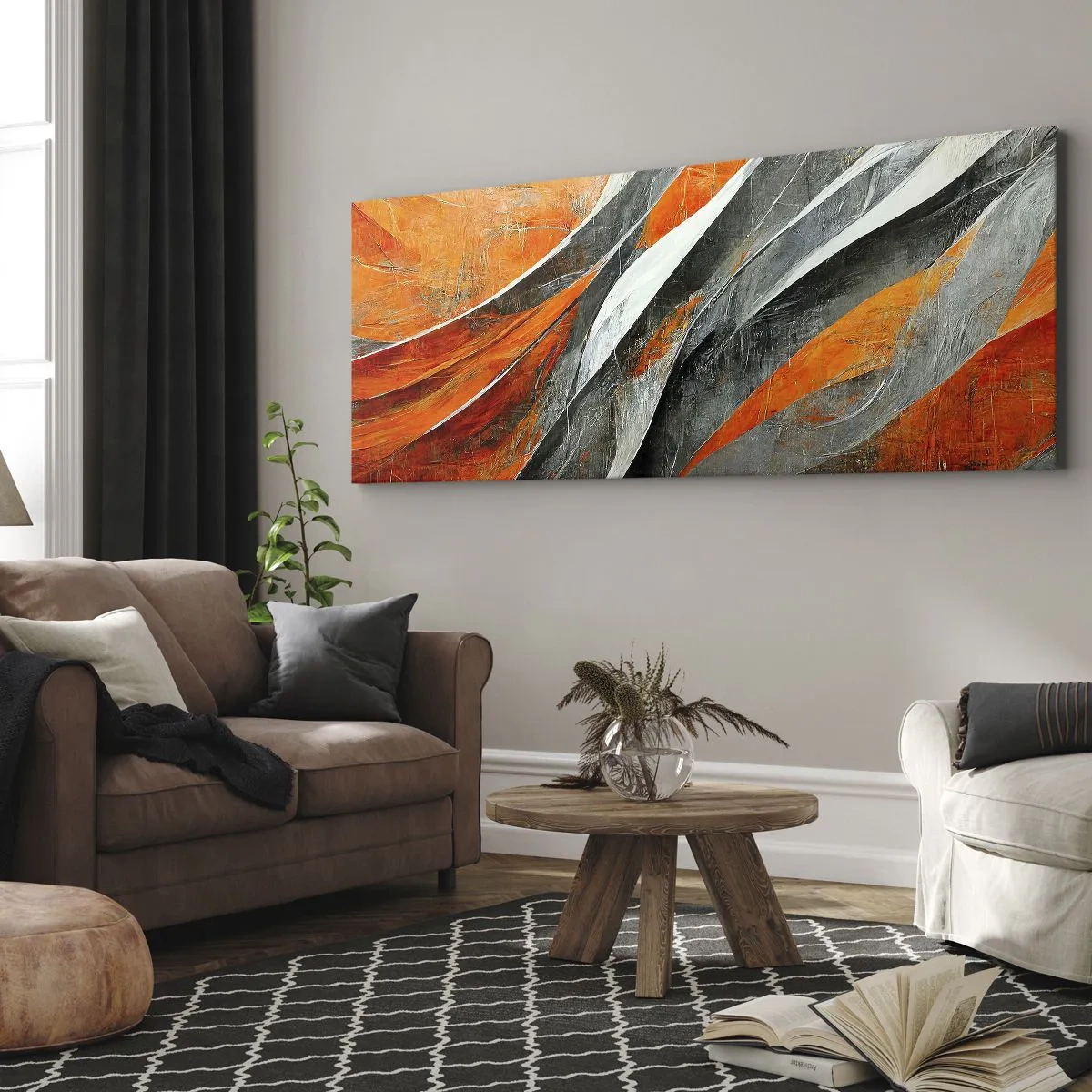 Impression sur toile - Image sur toile - Lignes abstraites dans les tons orange et gris - 160x50cm - Chaleur et froid - Décoration murale moderne pour le salon et la chambre ARTTOR