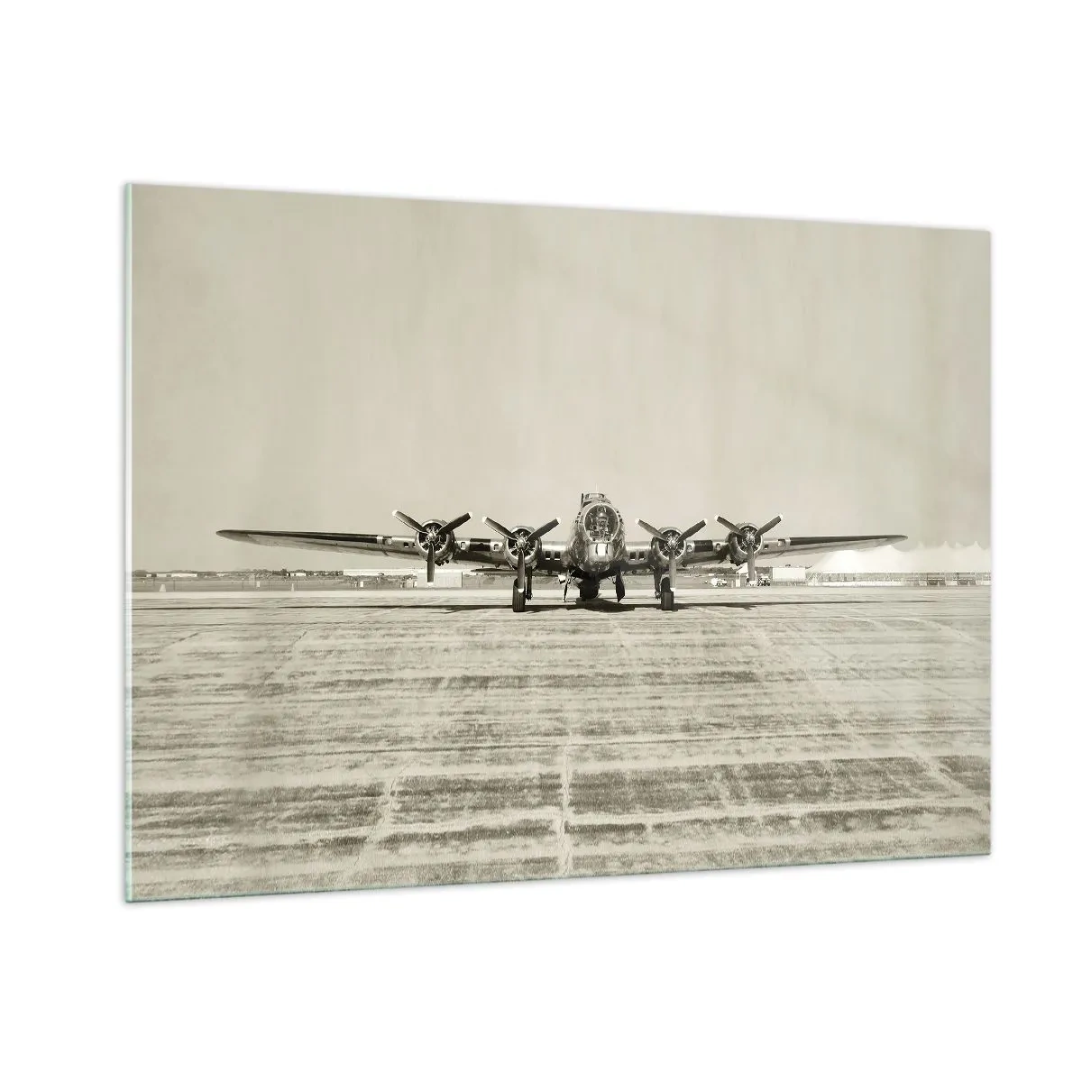 Impression sur verre - Image sur verre - Avion historique à l'aéroport en style sépia - 100x70cm - Toujours prêt! - Décoration murale moderne pour le salon et la chambre ARTTOR