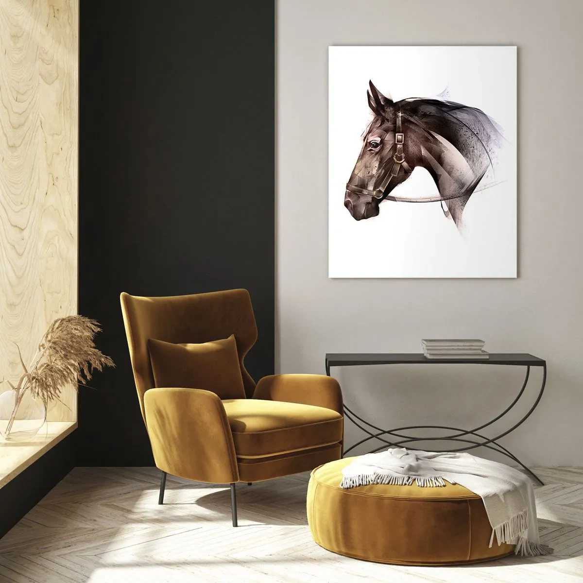 Impression sur verre - Image sur verre - Un profil de cheval dans une forme artistique délicate sur fond blanc - 70x100cm - Quelle grâce - Décoration murale moderne pour le salon et la chambre ARTTOR