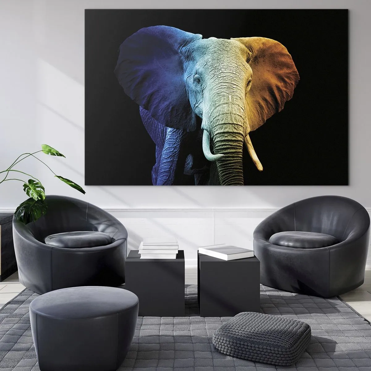 Impression sur verre - Image sur verre - Portrait coloré d'un éléphant sur fond noir - 70x50cm - Excentrique, pas bizarre - Décoration murale moderne pour le salon et la chambre ARTTOR