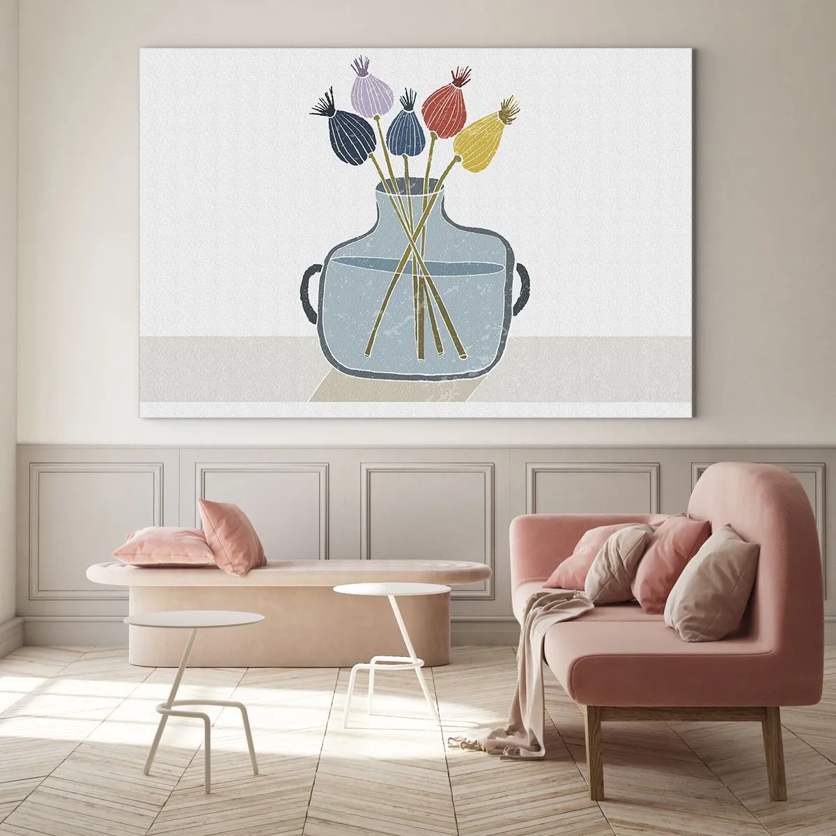 Impression sur verre - Image sur verre - Têtes de coquelicots décoratives dans une cruche de style graphique - 120x80cm - Comme s'il avait semé des graines de pavot - Décoration murale moderne pour le salon et la chambre ARTTOR