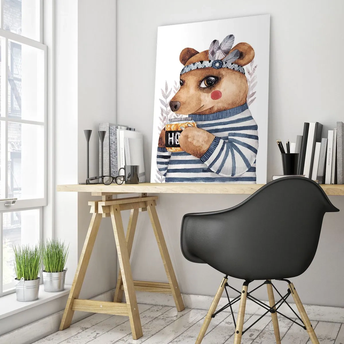 Impression sur verre - Image sur verre - Un ours en peluche dans un pull rayé avec une tasse de miel - 80x120cm - Un nounours trop mignon - Décoration murale moderne pour le salon et la chambre ARTTOR