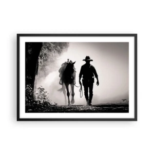 Affiche dans un cadre noir - Poster - Cowboy avec cheval dans le brouillard matinal - 70x50cm - Matinée texane - Décoration murale moderne pour le salon et la chambre ARTTOR