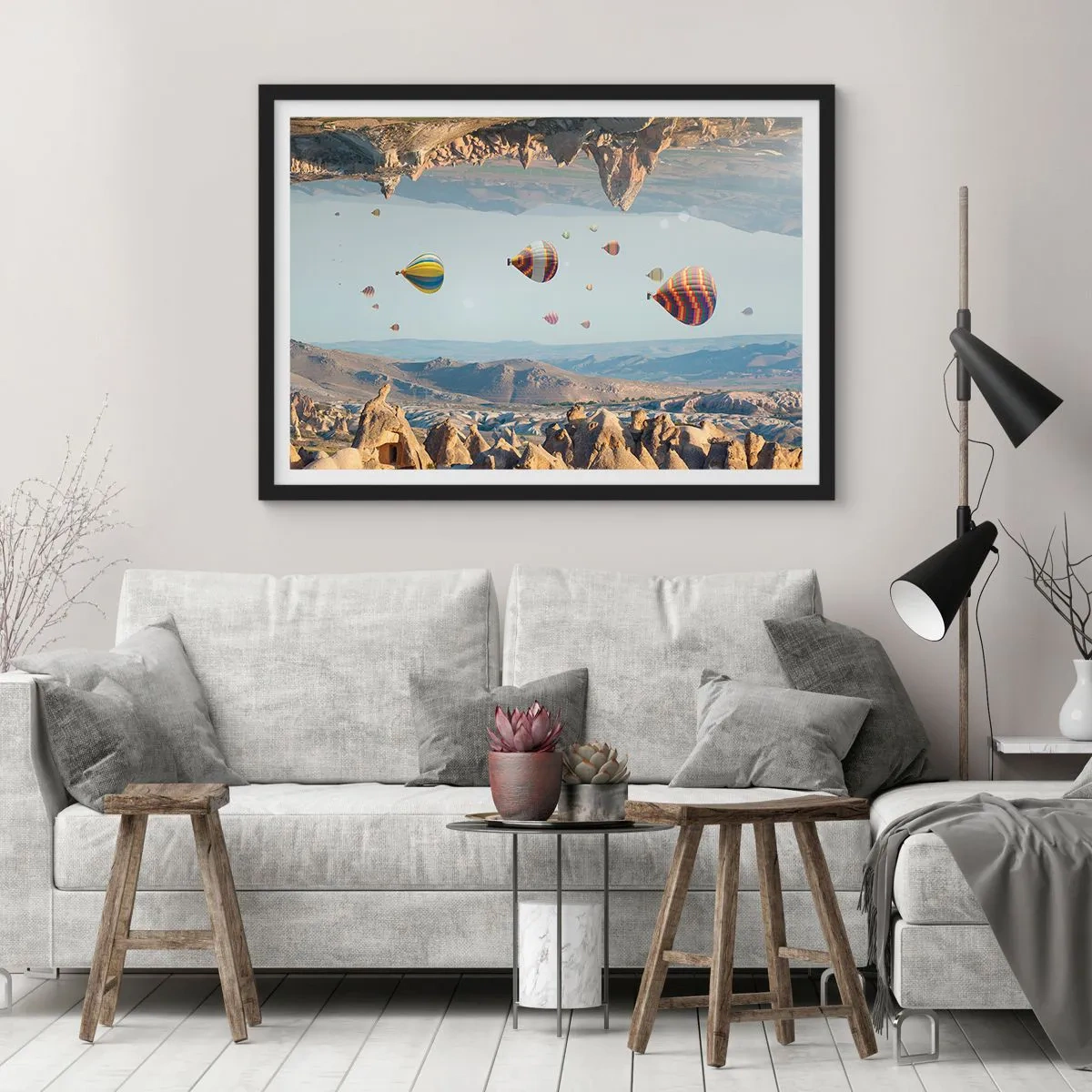 Affiche dans un cadre noir - Poster - Ballons colorés au-dessus d'un paysage rocheux - 70x50cm - Ici, tout est possible - Décoration murale moderne pour le salon et la chambre ARTTOR