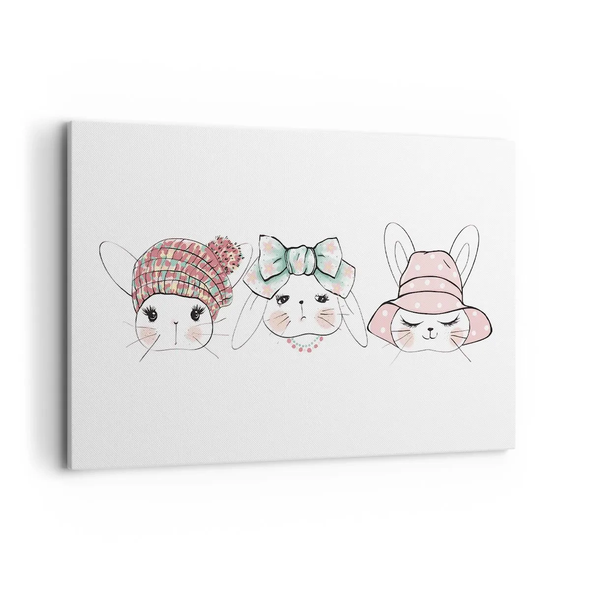 Impression sur toile - Image sur toile - Adorables lapins portant des coiffes pastel - 120x80cm - Pensif, triste, satisfait - Décoration murale moderne pour le salon et la chambre ARTTOR
