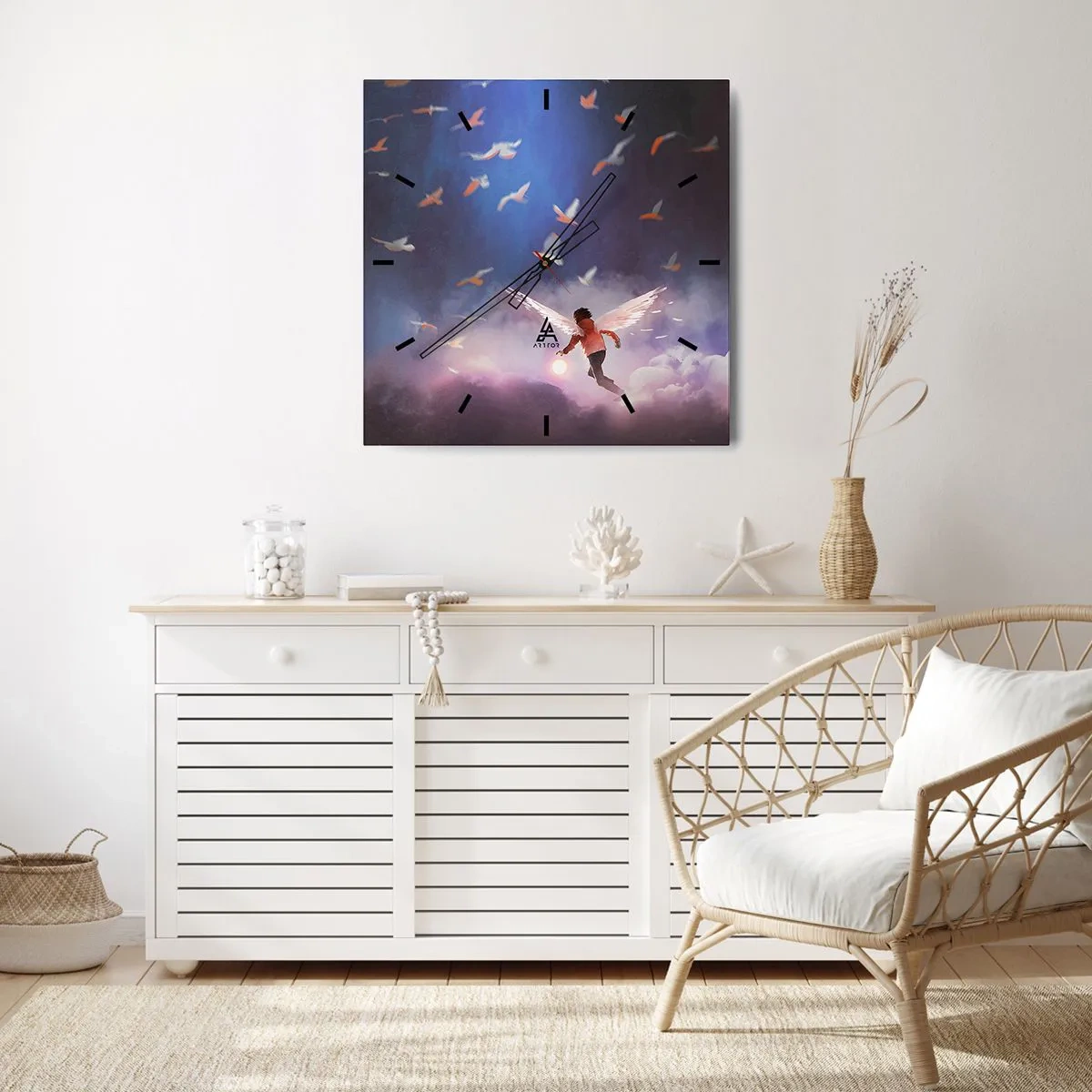 Horloge murale - Pendule murale - Une figure avec des ailes d'ange flottant parmi les oiseaux dans le ciel - 30x30cm - Il faut de l'imagination et du courage - Décoration murale moderne pour le salon et la chambre ARTTOR