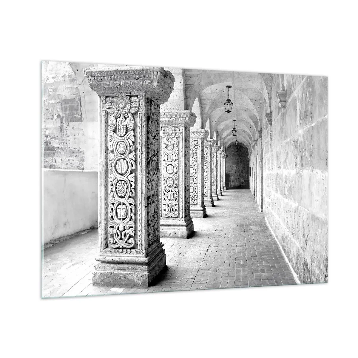 Impression sur verre - Image sur verre - Cloître historique avec colonnes sculptées - 100x70cm - Où cela mène-t-il…? - Décoration murale moderne pour le salon et la chambre ARTTOR