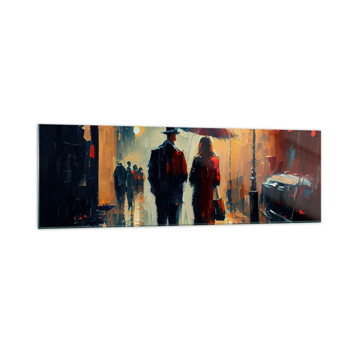 Impression sur verre - Image sur verre - Marcher sous la pluie sous un parapluie en ville la nuit - 160x50cm - Histoire d'amour urbaine - Décoration murale moderne pour le salon et la chambre ARTTOR