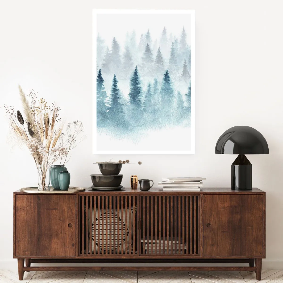 Affiche - Poster - Paysage à l'aquarelle avec une forêt dans le brouillard - 50x70cm - Enveloppé de brouillard - Décoration murale moderne pour le salon et la chambre ARTTOR