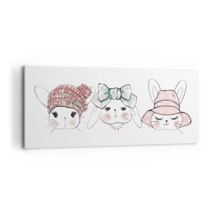 Impression sur toile - Image sur toile - Adorables lapins portant des coiffes pastel - 120x50cm - Pensif, triste, satisfait - Décoration murale moderne pour le salon et la chambre ARTTOR