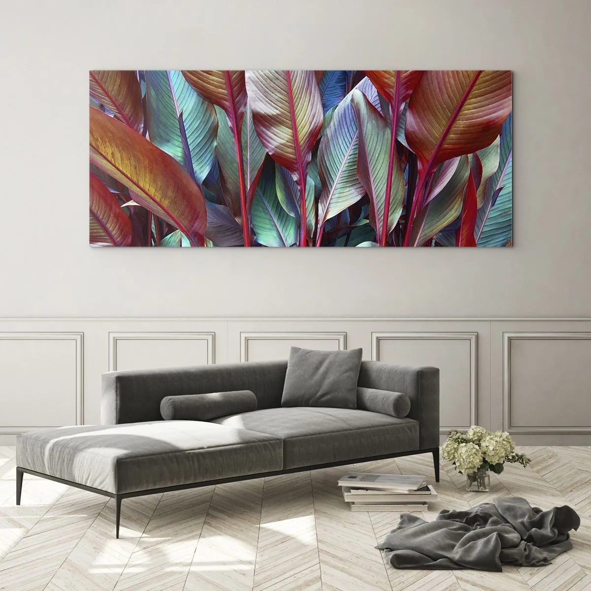 Impression sur verre - Image sur verre - Feuilles colorées de plantes tropicales dans le fourré - 140x50cm - Un fourré coloré - Décoration murale moderne pour le salon et la chambre ARTTOR