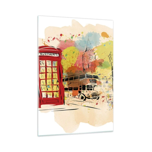 Impression sur verre - Image sur verre - Une cabine téléphonique rouge, un bus à impériale et Big Ben - 50x70cm - La ville de la variété - Décoration murale moderne pour le salon et la chambre ARTTOR