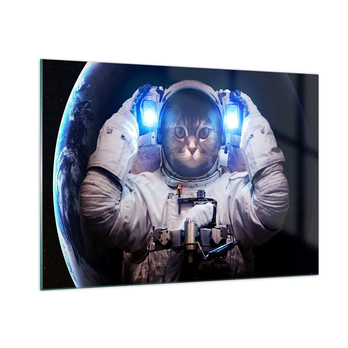 Impression sur verre - Image sur verre - Un cosmonaute à tête de chat dans l'espace - 100x70cm - Houston, vous avez un problème - Décoration murale moderne pour le salon et la chambre ARTTOR