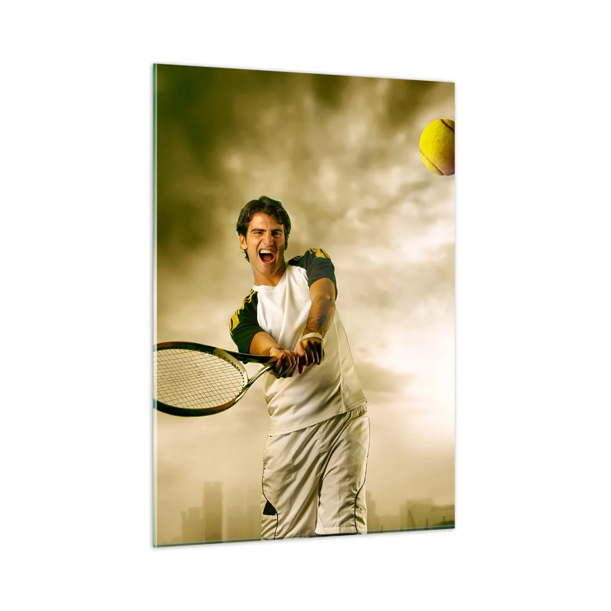 Impression sur verre - Image sur verre - Un joueur de tennis frappe la balle avec en arrière-plan une ville - 50x70cm - Énergie et joie - Décoration murale moderne pour le salon et la chambre ARTTOR