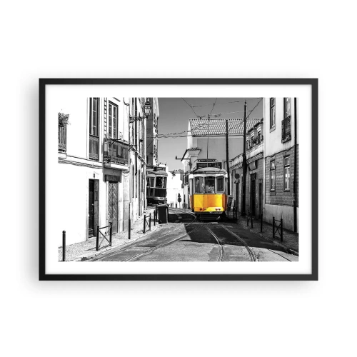 Affiche dans un cadre noir - Poster - Un tramway jaune dans les rues de Lisbonne dans un décor monochrome - 70x50cm - L'âme de Lisbonne - Décoration murale moderne pour le salon et la chambre ARTTOR