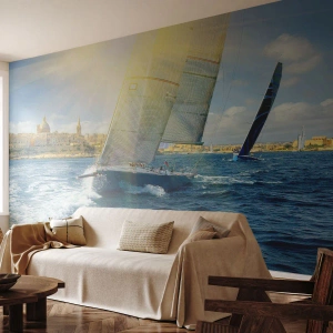 Papier Peint Photo Premium Canvas - Il est temps de quitter la ville - Ville, Mer, Yacht - 200x140 cm