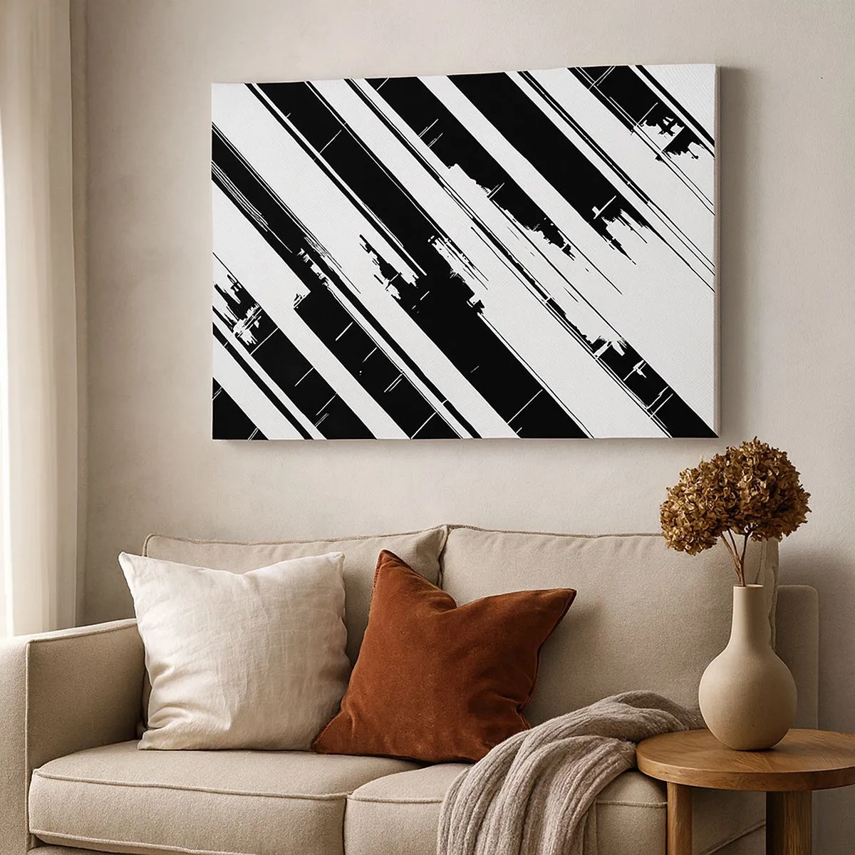 Impression sur toile - Image sur toile - Lignes noires et blanches et motifs géométriques dans un style moderne - 70x50cm - Une composition intense et dynamique - Décoration murale moderne pour le salon et la chambre ARTTOR