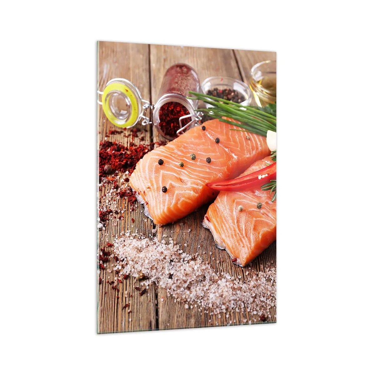Impression sur verre - Image sur verre - Filets de saumon aux épices sur fond de bois - 70x100cm - Aventure norvégienne dans la cuisine - Décoration murale moderne pour le salon et la chambre ARTTOR