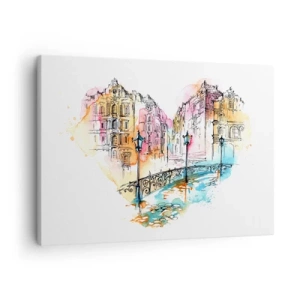 Impression sur toile - Image sur toile - Aquarelle d'un pont et de maisons en forme de cœur - 70x50cm - Le coeur de la ville - Décoration murale moderne pour le salon et la chambre ARTTOR