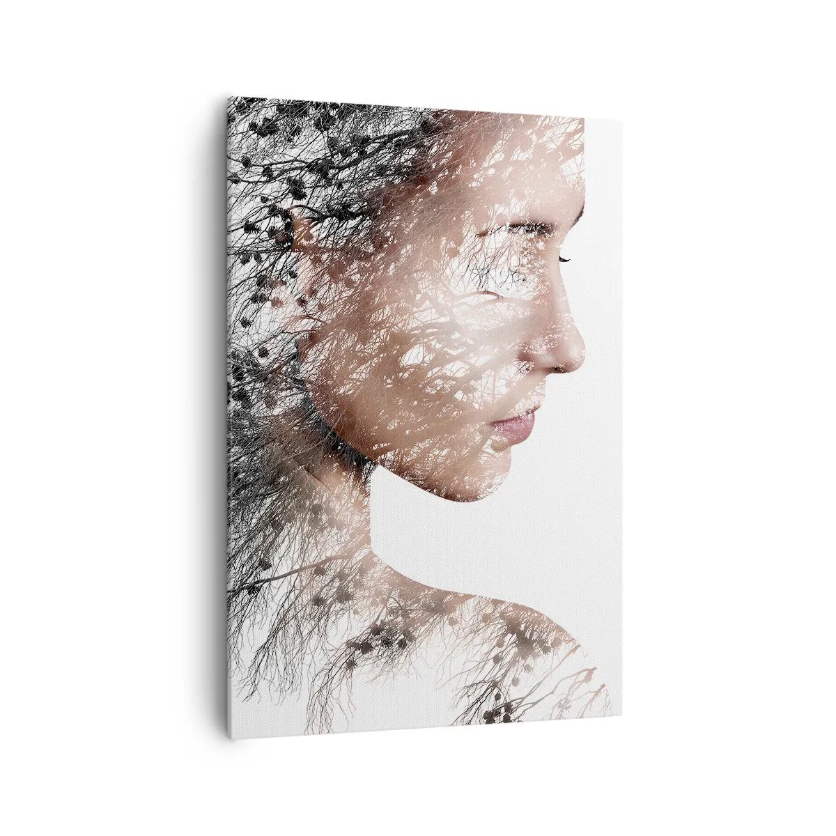 Impression sur toile - Image sur toile - Silhouette d'une femme avec un motif de branche et d'oiseau en arrière-plan - 70x100cm - L'âme de la forêt - Décoration murale moderne pour le salon et la chambre ARTTOR