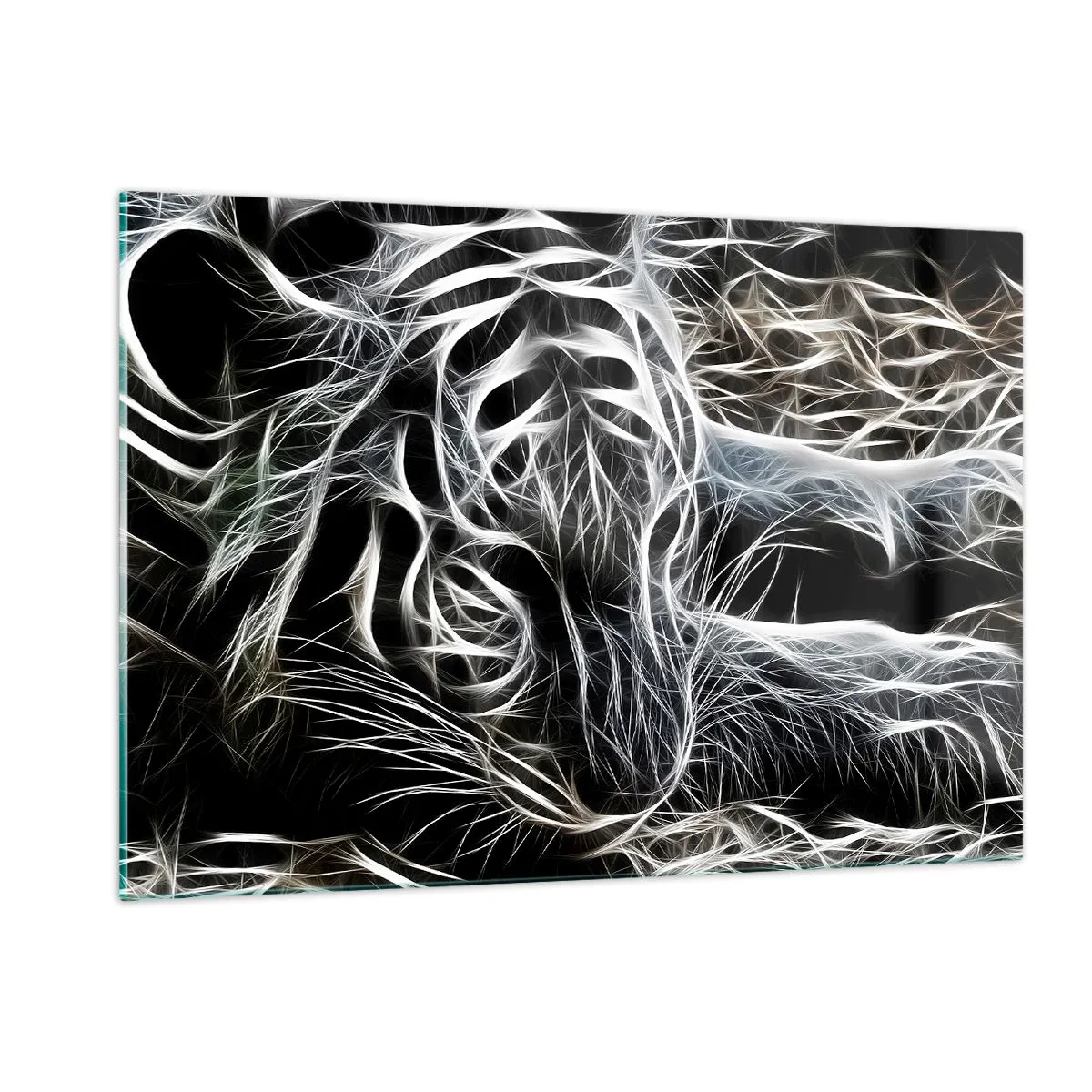 Impression sur verre - Image sur verre - Tigre abstrait en lignes lumineuses sur fond noir - 120x80cm - Une étude de la légèreté du chat - Décoration murale moderne pour le salon et la chambre ARTTOR