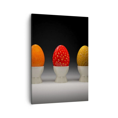 Impression sur toile - Image sur toile - Œufs colorés ressemblant à des fruits sur un fond sombre - 50x70cm - Petit-déjeuner fruité - Décoration murale moderne pour le salon et la chambre ARTTOR