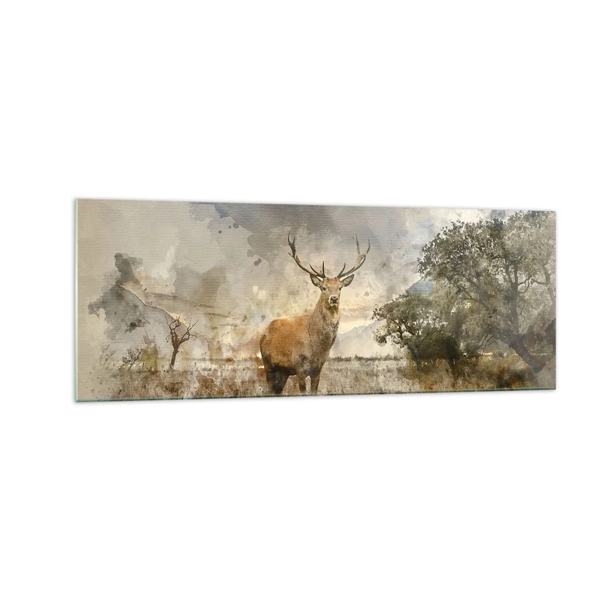 Impression sur verre - Image sur verre - Un cerf dans un cadre naturel dans un style aquarelle - 140x50cm - Dignité - force - majesté - Décoration murale moderne pour le salon et la chambre ARTTOR