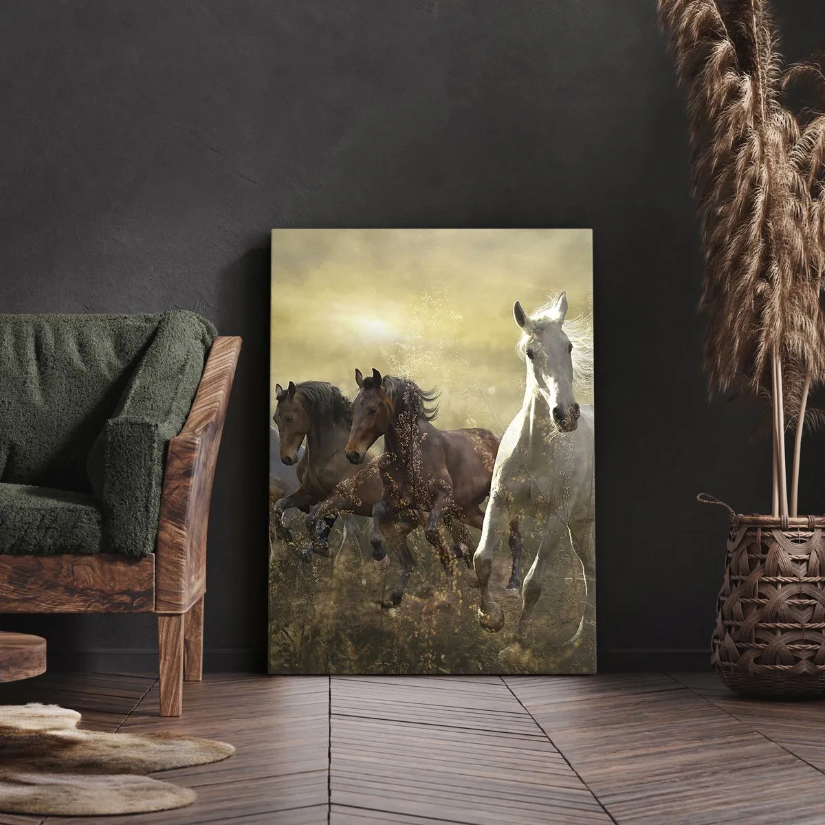 Impression sur toile - Image sur toile - Un groupe de chevaux au galop sur fond de soleil couchant - 80x120cm - Vive la liberté! - Décoration murale moderne pour le salon et la chambre ARTTOR