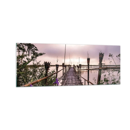 Impression sur verre - Image sur verre - Pont de bambou sur l'eau à l'aube - 140x50cm - Le silence et le calme d'Asie - Décoration murale moderne pour le salon et la chambre ARTTOR